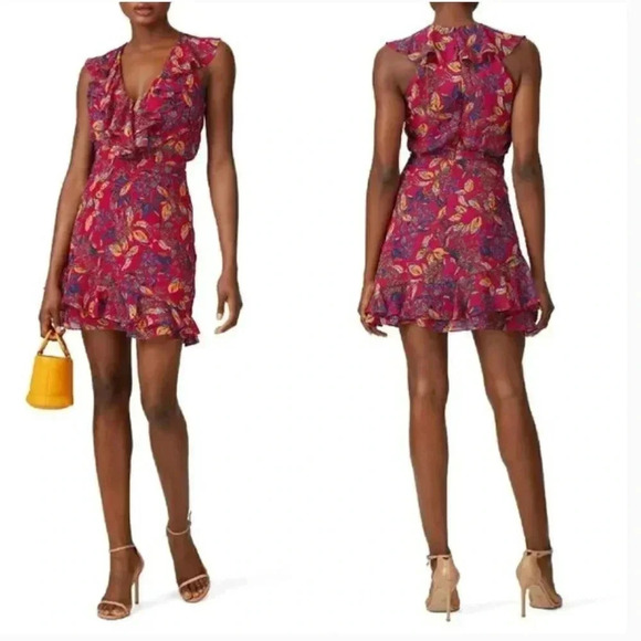 SALONI Cece 100% Silk Dark Pink Berry Printed Ruffle V Neck Mini Dress Size 6 - Picture 2 of 11